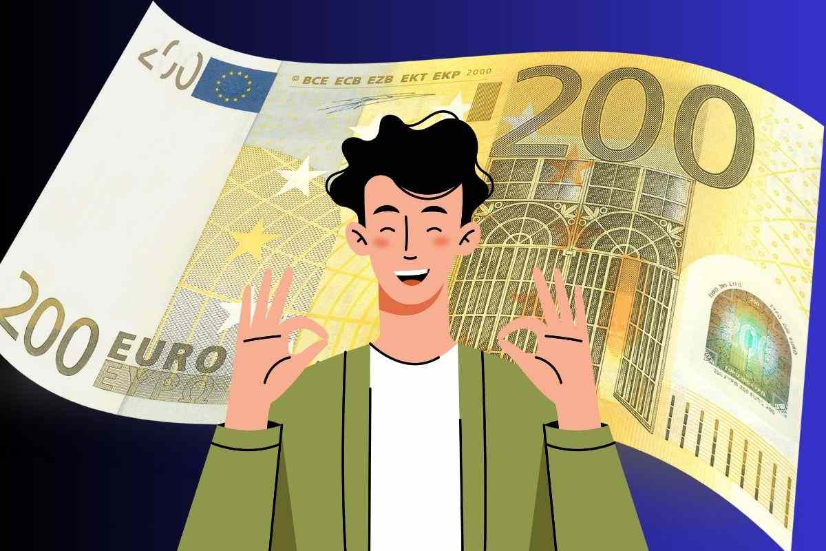 banconota di 200 euro in primo piano ragazzo disegnato che fa ok con le mani