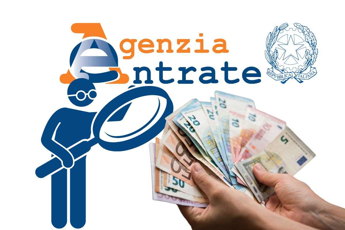 grafica con scritta agenzia delle entrare, disegno di un omino con lente di ingrandimento e mano con denaro in euro