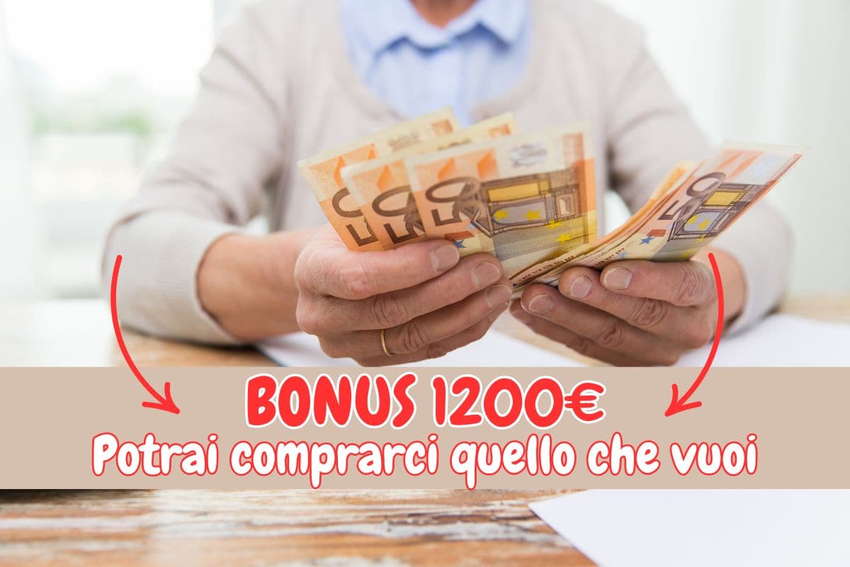 uomo che conta banconote da 50€ e frecce rosse che indicano la scritta "Bonus 1200€ potrai comprarci quello che vuoi"