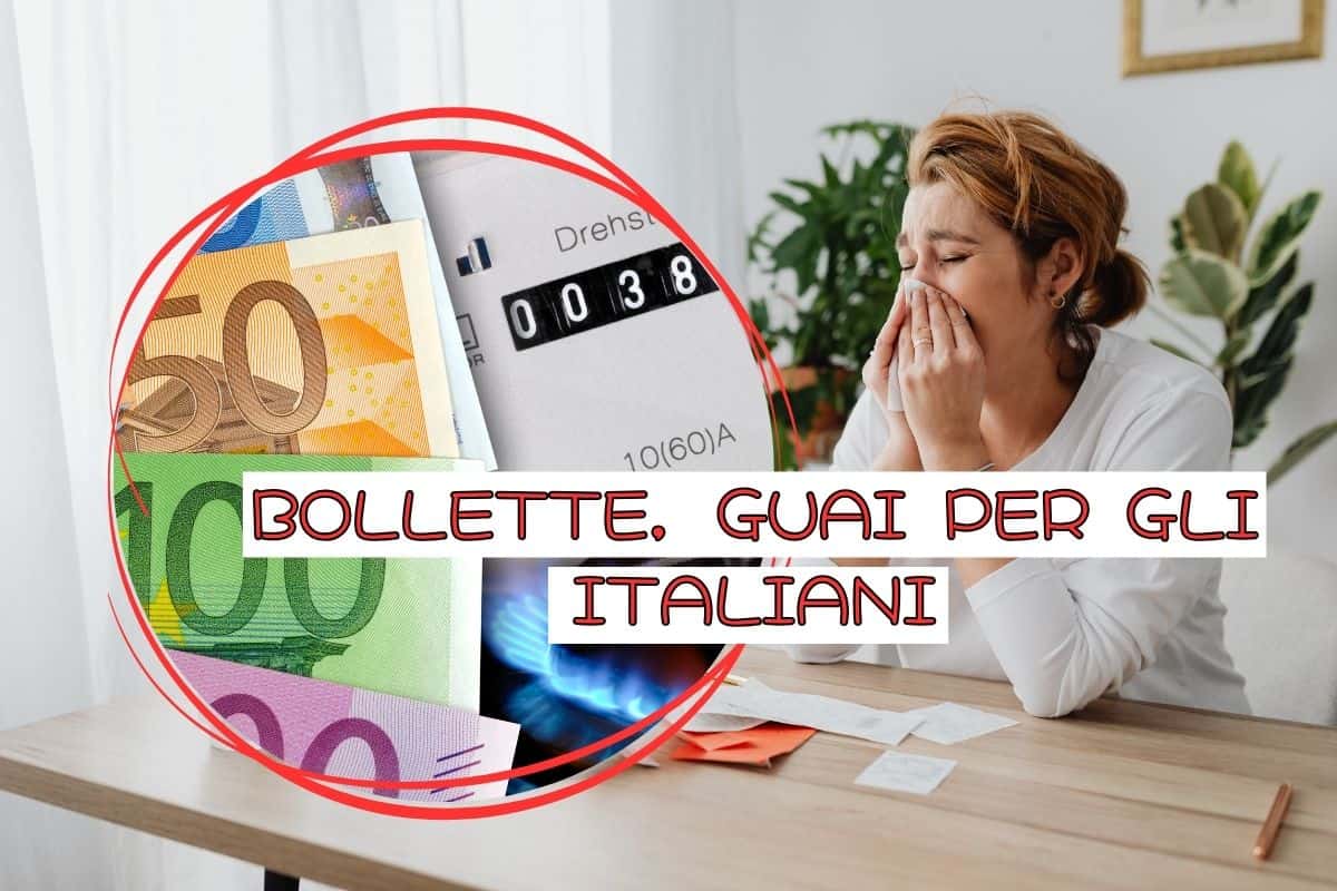 Donna disperata, cornice con bolletta gas e banconote euro, e scritta "Bollette, guai per gli italiani"