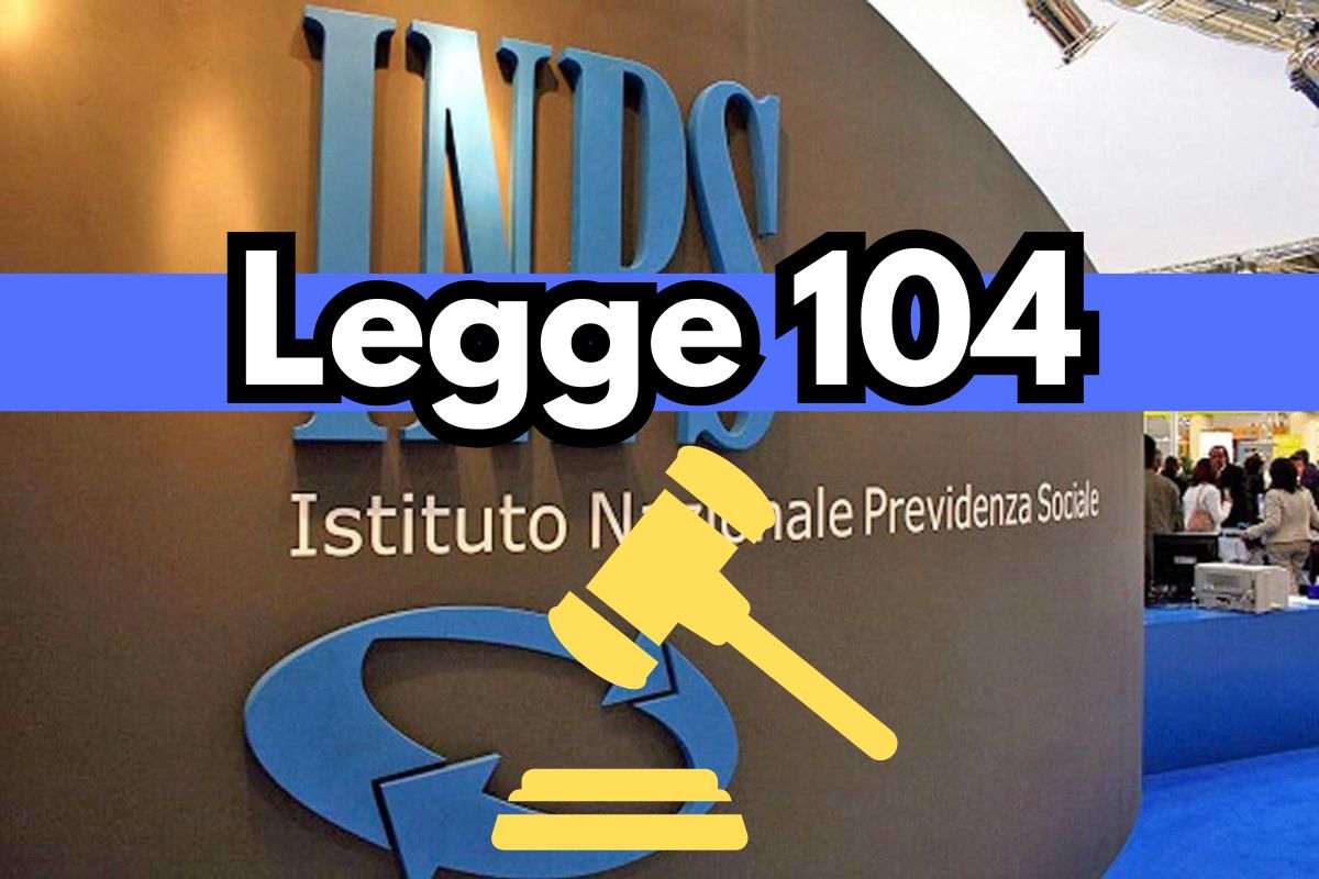 sullo sfondo edificio dell'inps, scritta legge 104 e icona di un martelletto da giudice