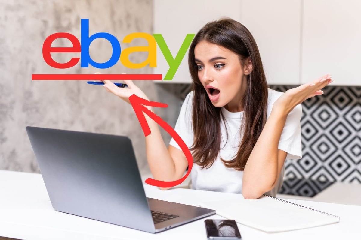 donna scioccata davanti pc con logo eBay