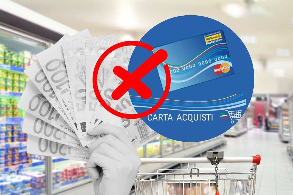 supermercato nello sfondo, con cornice rotonda con la carta acquisti, una mano che tiene banconote in euro in bianco e nero e una x rossa