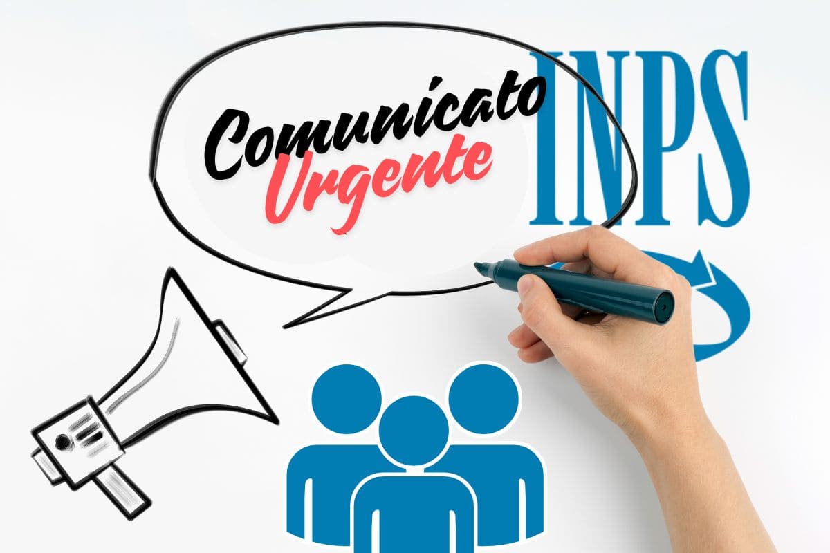 megafono con mano che scrive in una nuvoletta scritta "comunicato urgente" e logo INPS